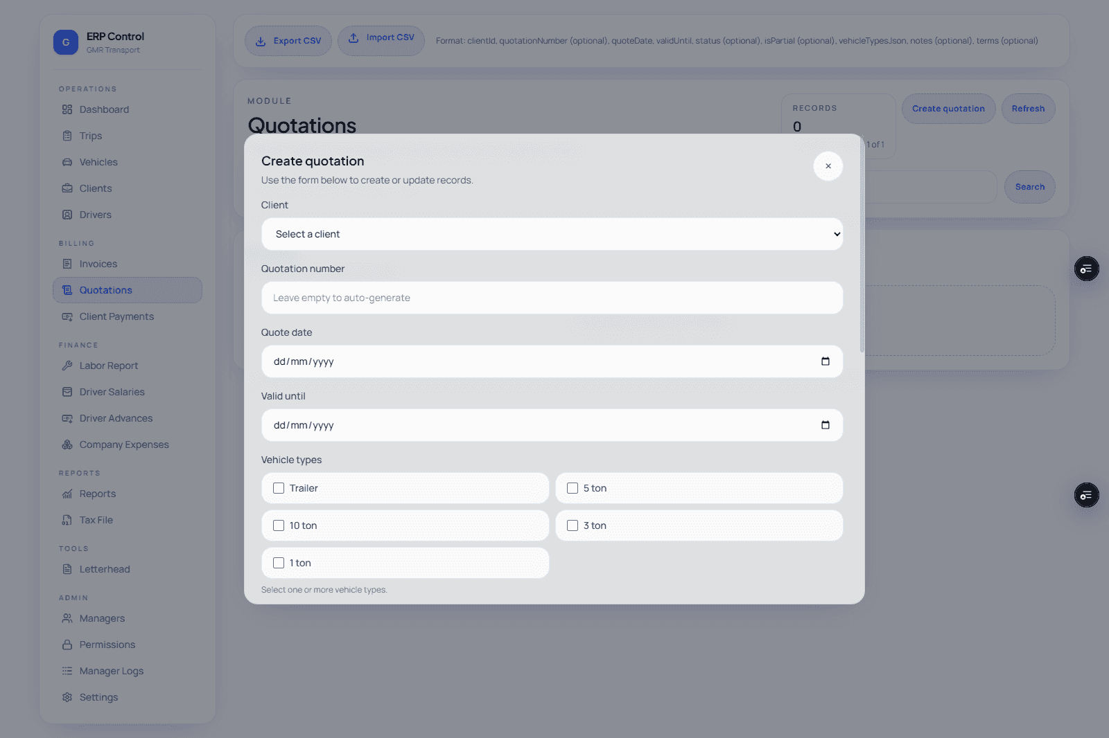 ERP-Trips - Quotation screenshot