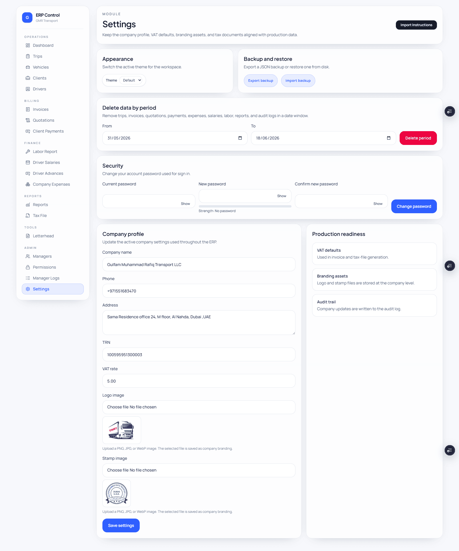 ERP-Trips - Settings screenshot