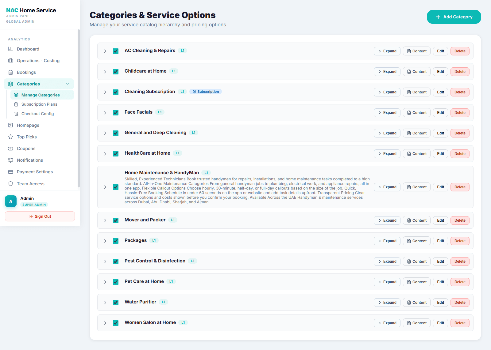 NAC Home Service - Dashboard screenshot