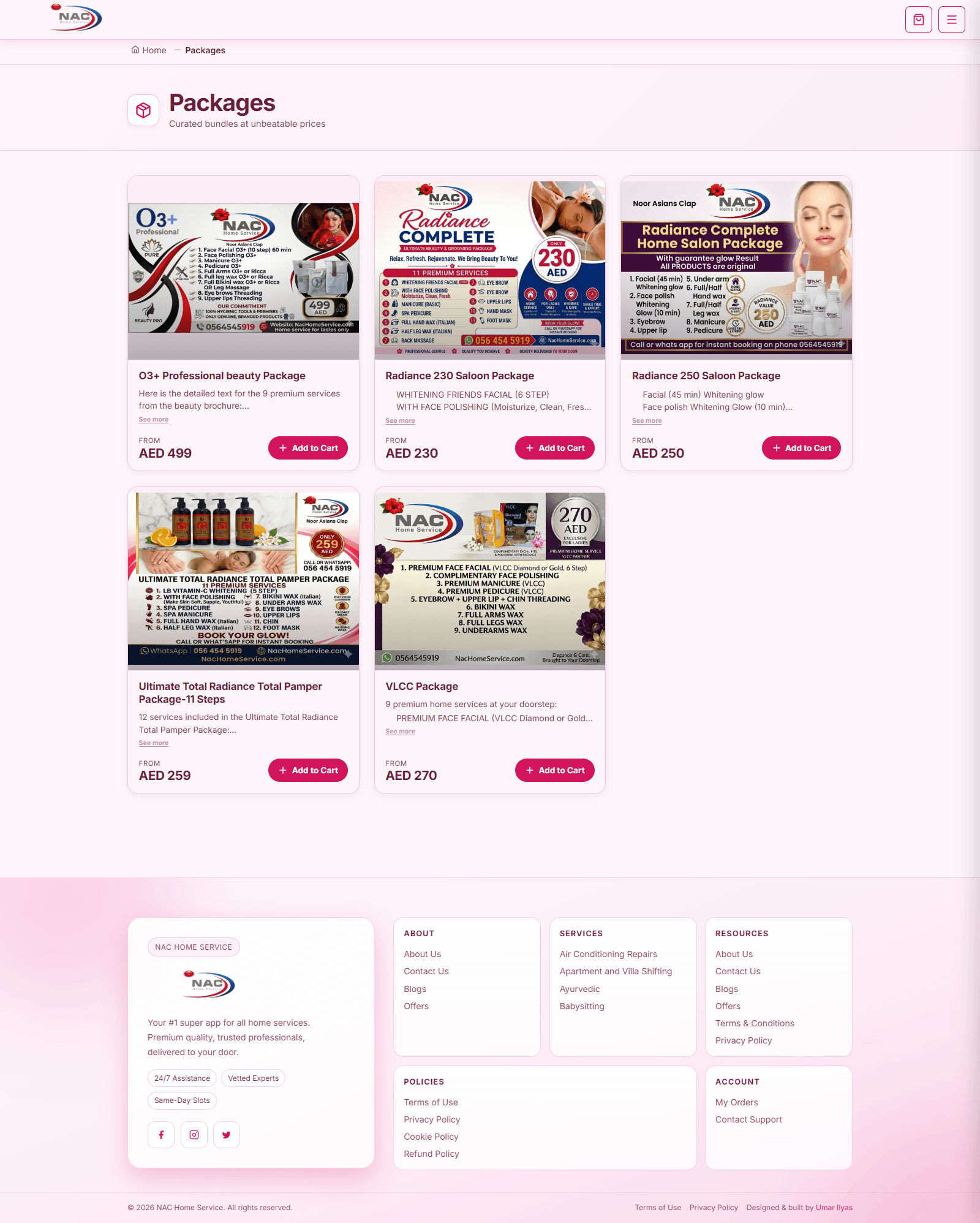NAC Home Service - Packages Page screenshot