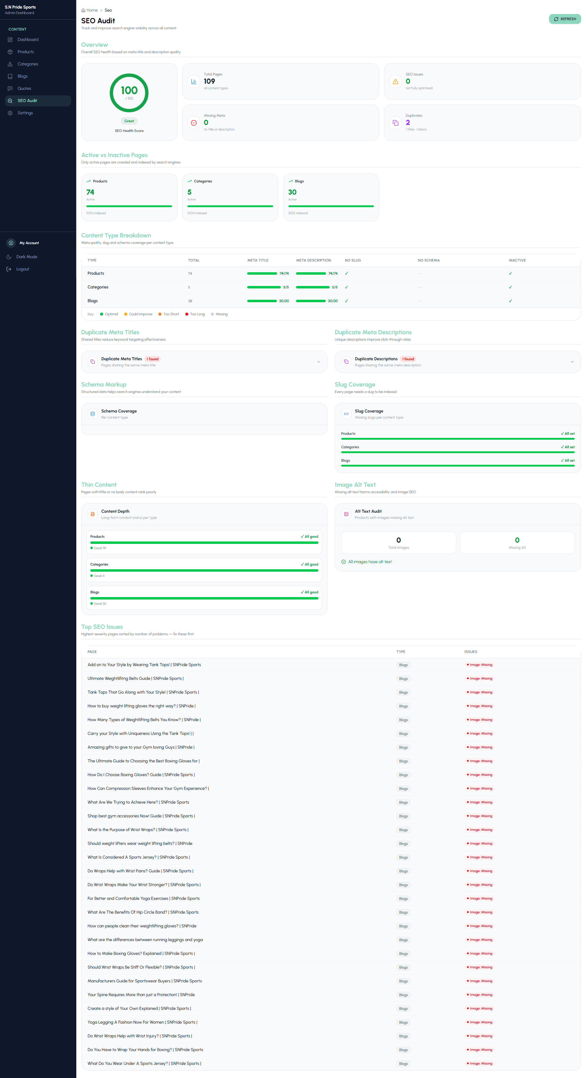 SN Pride Sports Dashboard - SEO Audit screenshot